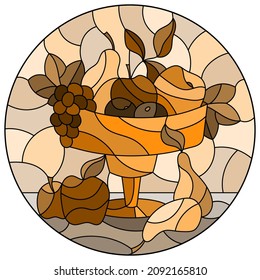 Illustration in stained glass style with still life, ripe fruit and berries in a vase, round image, tone brown
