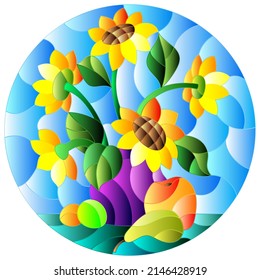 Illustration in stained glass style with still life, a bouquet of sunflowers and fruit on a blue background, round image