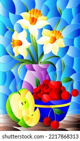 Illustration in stained glass style with still life , a bouquet of daffodils in a vase and fruit in a bowl on a table on a blue background