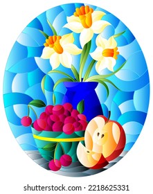 Illustration in stained glass style with still life , a bouquet of daffodils in a vase and fruit in a bowl on a table on a blue background, oval image