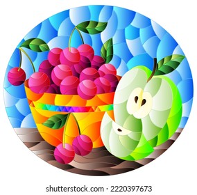 Illustration in stained glass style with still life , apple and a cherry berryes  in a bowl on a table on a blue background , oval image in bright frame