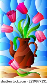 Illustration in stained glass style with still life,  jug with pink  tulips on a blue background