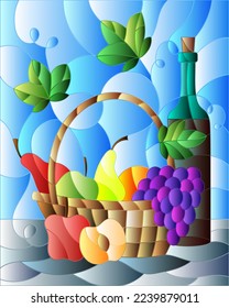 The illustration in stained glass style with a still life, a bottle of wine, and fruits on a blue background