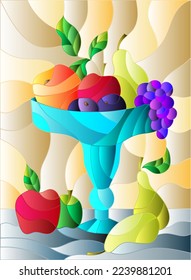 Illustration in stained glass style with still life, fruits and berries in a blue vase on a brown background