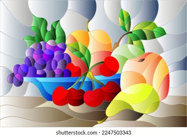 Illustration in stained glass style with still life, fruits and berries in blue bowl on a grey background