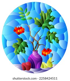 Illustration in stained glass style with still life, Bouquet of branches of viburnum in ceramic vase and yellow pears on a blue background,oval image 