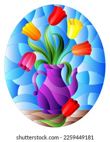 Illustration in stained glass style with still life, purple jug with colorful tulips,oval picture 