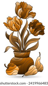 Illustration in stained glass style with still life, a bouquet of tulips and fruit, isolated on a white background, tone brown