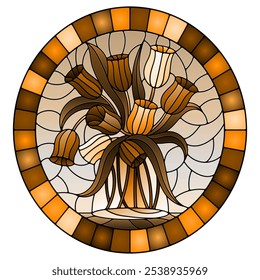 Illustration in stained glass style with still life, bouquet of Tulips in a glass jar on a ,oval image in frame, tone brown