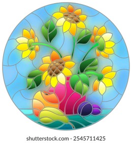 Illustration in stained glass style with still life, a bouquet of sunflowers and fruit on a blue background, round image