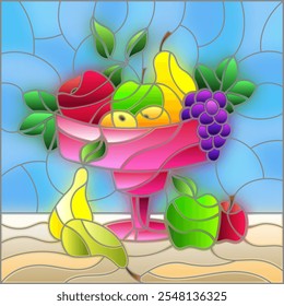 Illustration in stained glass style with still life, ripe fruit and berries in a vase, square image