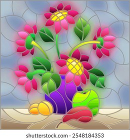 Illustration in stained glass style with still life, a bouquet of pink flowers and fruit on a gray background, square image