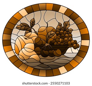 Illustration in stained glass style with still life, fruits and berries in a bowl, oval image in  frame, tone brown