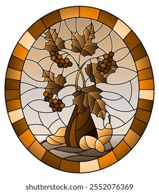 Illustration in stained glass style with still life, Bouquet of branches of viburnum in ceramic vase and  pears ,oval image in frame, tone brown