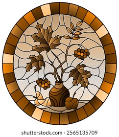 Illustration in stained glass style with still life, Bouquet of branches of viburnum in ceramic vase and pears,oval image in frame, tone brown