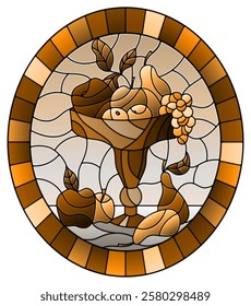 Illustration in stained glass style with still life, fruits and berries in a vase,oval image in  frame, tone brown