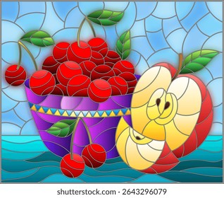 Illustration in stained glass style with still life , apple and a cherry berryes  in a bowl on a table on a blue background