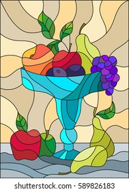 Illustration in stained glass style with still life, fruits and berries in a blue vase