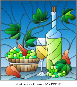 The illustration in stained glass style  with a still life, a bottle of white wine, glass and grapes on a blue  background