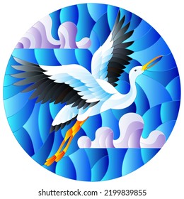 Illustration in stained glass style stork on the background of sky and clouds, round image 