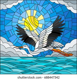 Illustration in stained glass style stork on the background of sky, sun , clouds and water