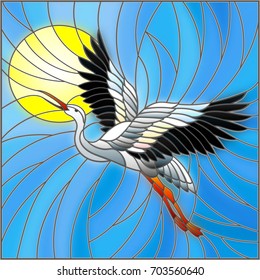 Illustration in stained glass style stork on the background of sky and sun