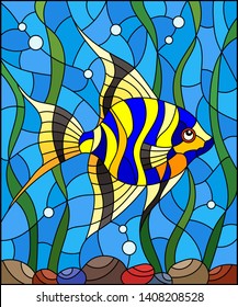 Illustration in stained glass style striped  fish scalar on the background of water and algae