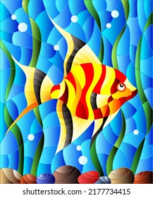 Illustration in stained glass style striped  fish scalar on the background of water and algae