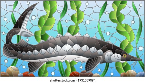 Illustration in stained glass style with sturgeon fish on the background of algae, air bubbles and water