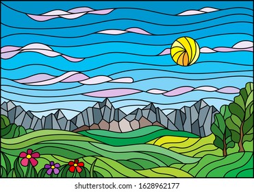 Illustration in stained glass style with a summer landscape, fields and mountains against a Sunny sky