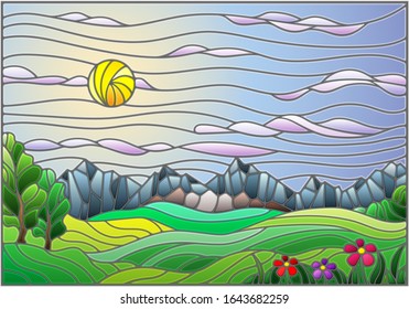 Illustration in stained glass style with a summer landscape, fields and mountains against a Sunny sky