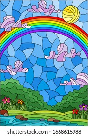 Illustration in stained glass style with a summer landscape , a rainbow against a Sunny sky, flowers and a stream