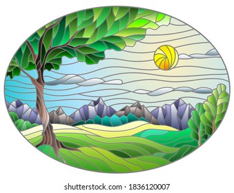 Illustration in a stained glass style with a summer landscape, a green tree against the background of fields, mountains, and a sunny sky
