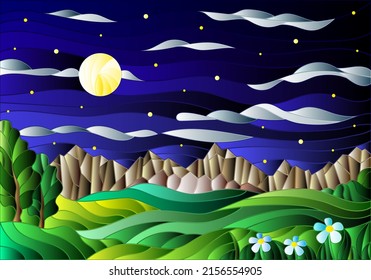 Illustration in stained glass style with a summer landscape, fields and mountains against a starry sky and moon