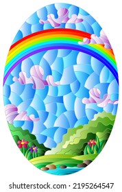 Illustration in stained glass style with a summer landscape , a rainbow against a Sunny sky, flowers and a stream, oval image 