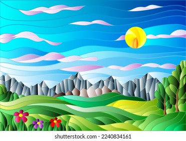 Illustration in stained glass style with a summer landscape, fields and mountains against a Sunny sky