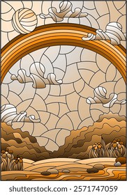 Illustration in stained glass style with a summer landscape , a rainbow against a Sunny sky, flowers and a stream, tone brown