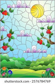 Illustration in stained glass style with a summer landscape , Apple tree branches, Sunny sky, clouds and flowers