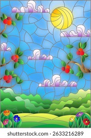 Illustration in stained glass style with a summer landscape , Apple tree branches, Sunny sky, clouds and flowers