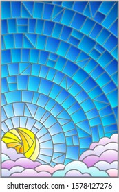 Illustration in stained glass style sun and clouds on blue sky background