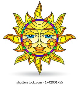 Illustration in stained glass style with sun with face on a white background isolated