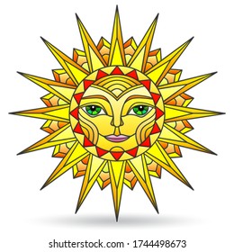 Illustration in stained glass style with sun with face on a white background isolated