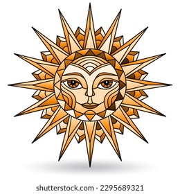 Illustration in stained glass style with sun with face on a white background isolated, tone brown