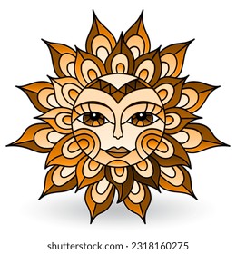 Illustration in stained glass style with sun with face on a white background isolated, tone brown