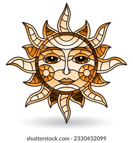 Illustration in stained glass style with sun with face on a white background isolated, tone brown