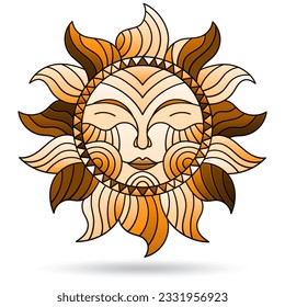 Illustration in stained glass style with sun with face on a white background isolated, tone brown