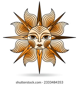 Illustration in stained glass style with sun with face on a white background isolated, tone brown