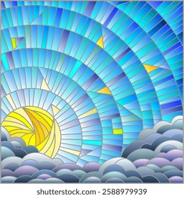 Illustration in stained glass style sun and clouds on blue sky background