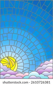 Illustration in stained glass style sun and clouds on blue sky background