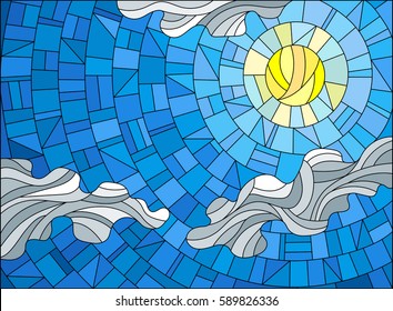 Illustration in stained glass style sun and clouds on blue sky background